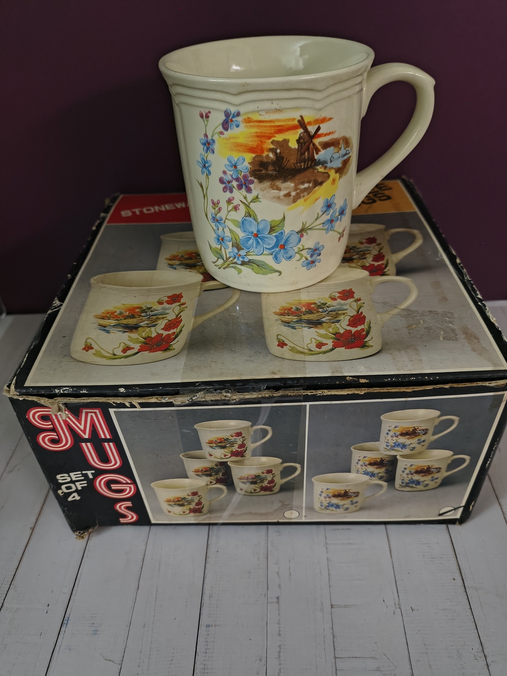 Vintage Scenic Floral Ceramic Mugs Set Of 4 With Original Box Made In Japan